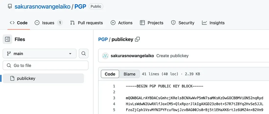 GitHub repository containing Aiko’s PGP public key