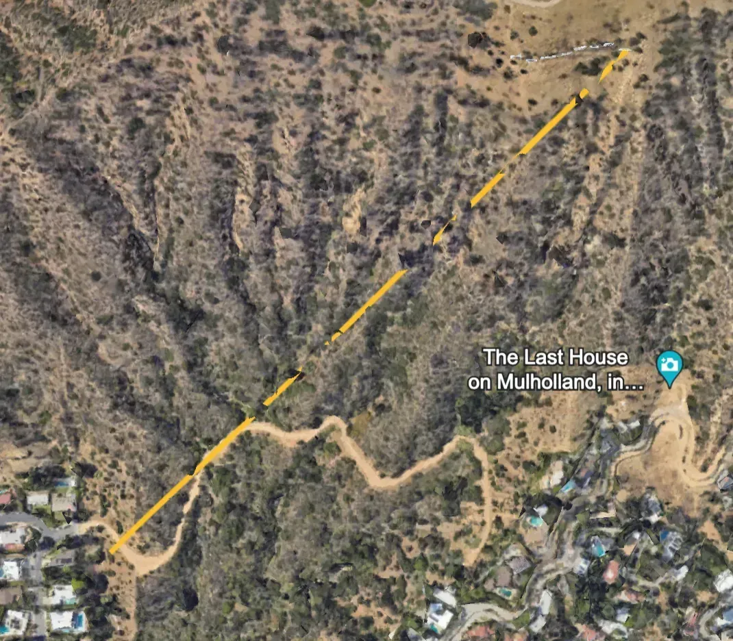 Satellite view tracing a line from the Hollywood sign to Mulholland Drive