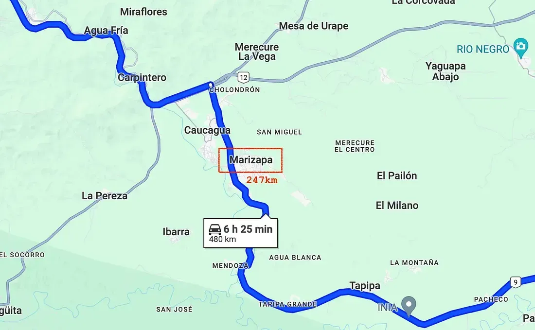 Map route passing through Marizapa in Venezuela