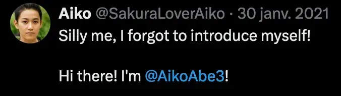 Aiko social media post introducing the AikoAbe3 account