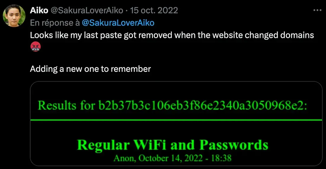Aiko post containing a hash for a removed paste