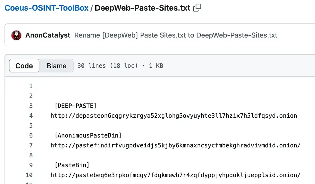 GitHub list of deep-web paste services and onion addresses